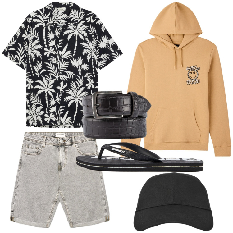 Outfit uomo - Pattern tropicali. Stile Urban per Tutti i giorni. Abbinamento con camicie a manica corta, felpe con cappuccio, cappelli con visiera, shorts, sandali, cinture.