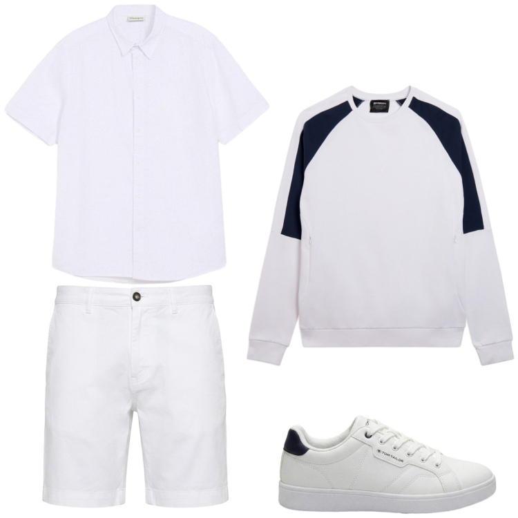 Outfit uomo - Total white uomo. Stile Trendy per Tutti i giorni. Abbinamento con sneakers, camicie a manica corta, bermuda, felpe.