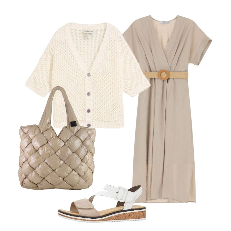 Outfit donna - Color sabbia a luglio. Stile Bon Ton per Tutti i giorni. Abbinamento con sandali, cardigans, vestiti midi/longuette, borse tote.