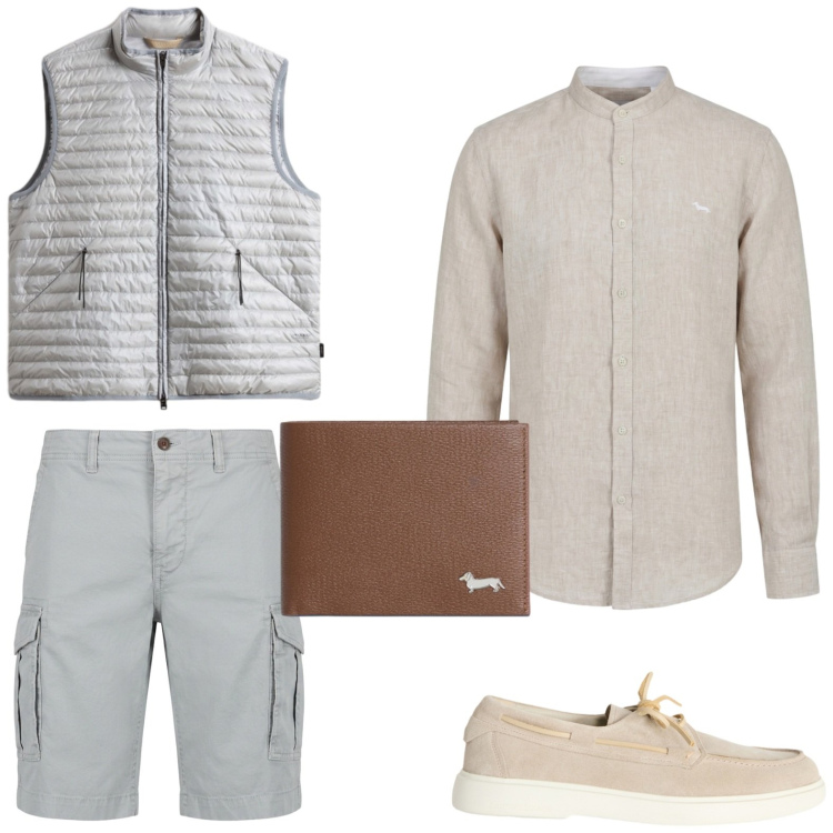 Outfit uomo - Safari urbano. Stile Trendy per Tutti i giorni. Abbinamento con scarpe stringate, bermuda, camicie, portafogli, piumini.