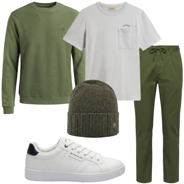 Outfit uomo - Look monocromatico. Stile Casual per Tutti i giorni. Abbinamento con sneakers, pantaloni, felpe, cappelli, t-shirt.