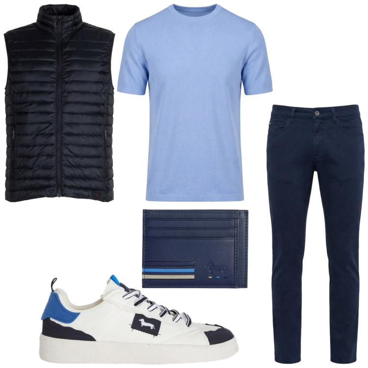 Outfit uomo - Tocco casual. Stile Casual per Tutti i giorni. Abbinamento con sneakers, portafogli, pantaloni, t-shirt, piumini.