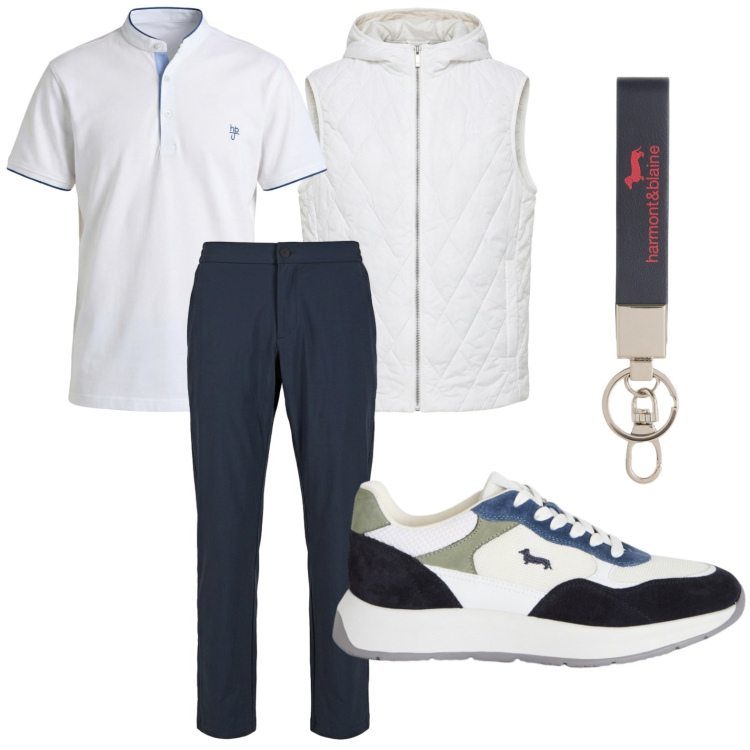 Outfit uomo - Smart casual. Stile Trendy per Tutti i giorni. Abbinamento con sneakers, portachiavi, piumini, polo, pantaloni.