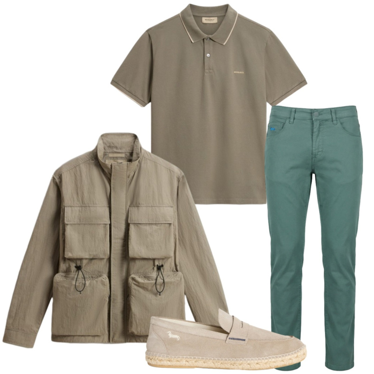 Outfit uomo - Tonalità naturali. Stile Trendy per Tutti i giorni. Abbinamento con pantaloni, espadrillas, polo, giacche.