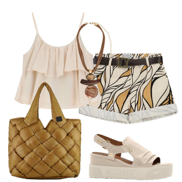 Outfit donna - Serata al bar della spiaggia con amici. Stile Boho per Mare. Abbinamento con sandali, ciondoli, borse tote, shorts, top.