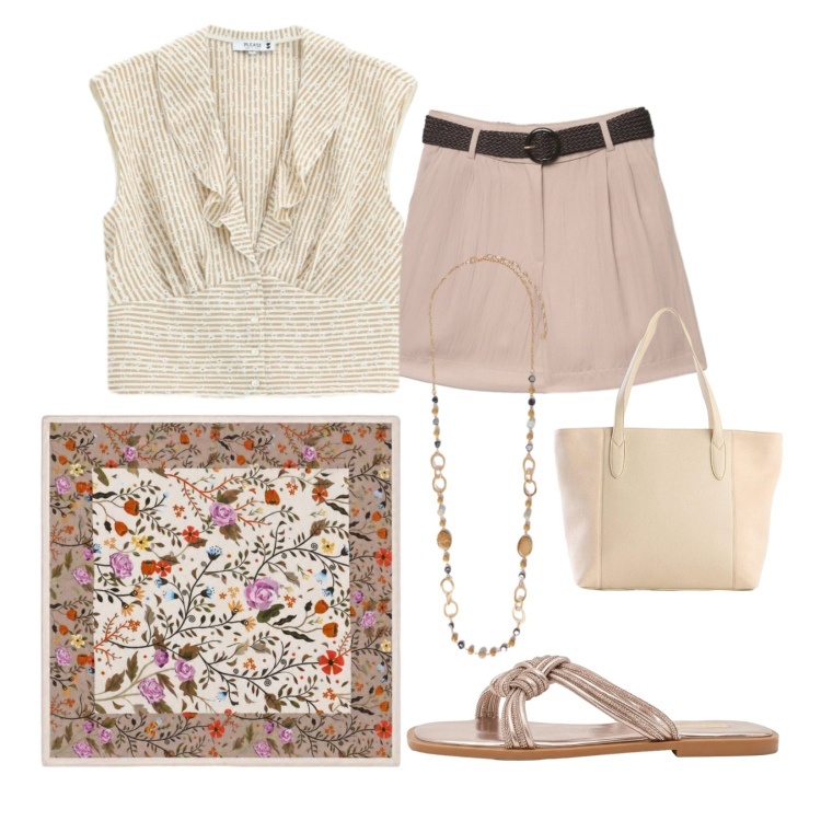 Outfit donna - Primo giorno di vacanze. Stile Minimal per Mare. Abbinamento con shopping bag, foulard, bermuda, collane, camicie, sandali.