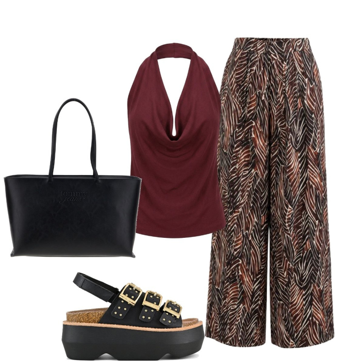 Outfit donna - In città. Stile Glamour per Tutti i giorni. Abbinamento con pantaloni a palazzo, top, sandali col tacco, borse a spalla.
