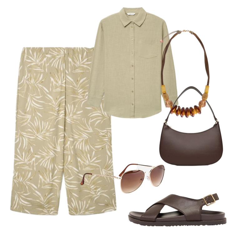 Outfit donna - Fantasia foliage. Stile Minimal per Tutti i giorni. Abbinamento con sandali in pelle, occhiali da sole, pantaloni a palazzo, camicie, borse a tracolla, collane.