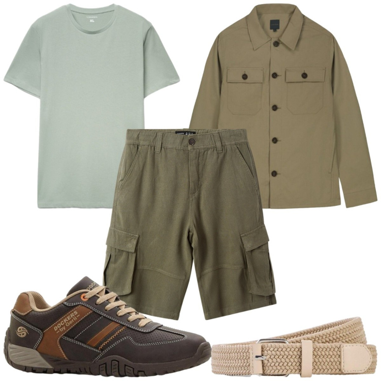 Outfit uomo - Safari urbano : verde e marrone. Stile Casual per Tutti i giorni. Abbinamento con sneakers, cinture, bermuda, t-shirt, cappotti.