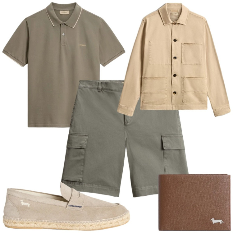 Outfit uomo - Safari urbano shorts cargo. Stile Casual per Tutti i giorni. Abbinamento con espadrillas, portafogli, pantaloni corti, polo, cappotti.