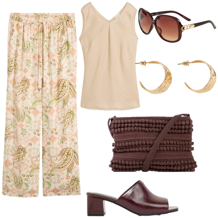 Outfit donna - Aperitivo d\'estate. Stile Casual chic per Tutti i giorni. Abbinamento con pantaloni, ciabatte, canottiere, borse a tracolla, orecchini, occhiali da sole.