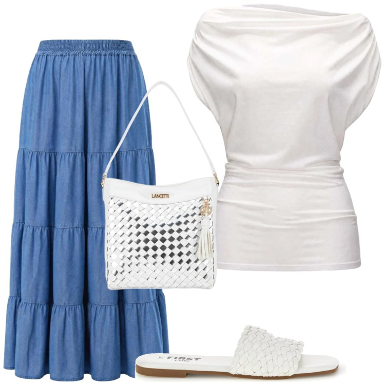 Outfit donna - I top drappeggiati. Stile Chic per Tutti i giorni. Abbinamento con gonne lunghe, top, borse a spalla, ciabatte.
