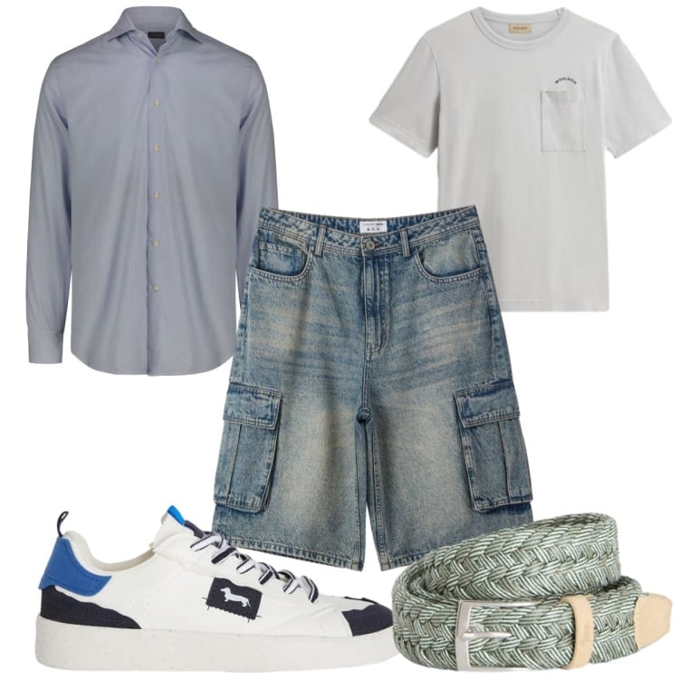 Outfit uomo - Total look #2437969. Stile Urban per Tutti i giorni. Abbinamento con sneakers, cinture, pantaloni corti, camicie, t-shirt.