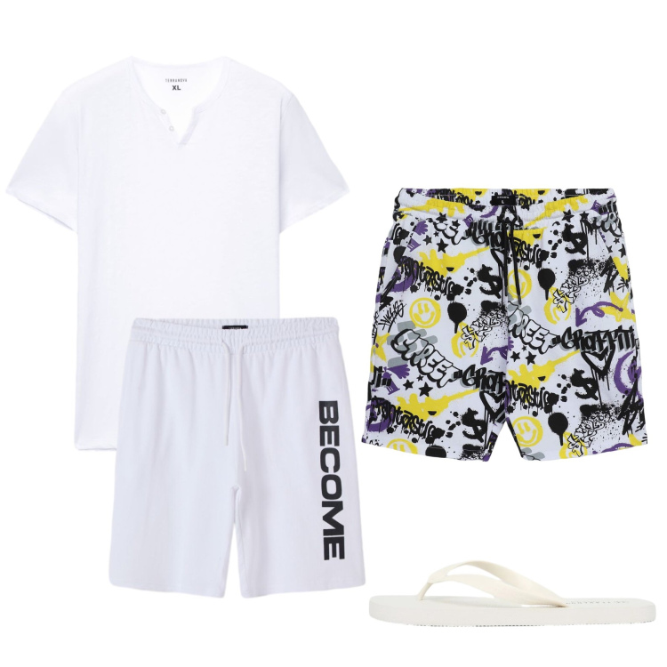 Outfit uomo - Total look #2437970. Stile Casual per Mare. Abbinamento con bermuda, t-shirt, pantaloni corti, sandali.