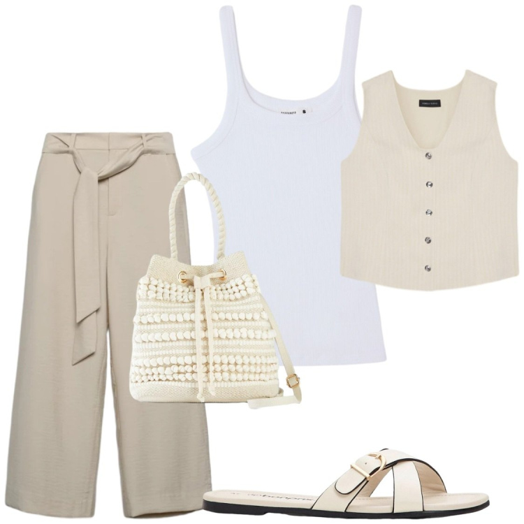 Outfit donna - Pantaloni crop per ufficio. Stile Chic per Ufficio. Abbinamento con ciabatte, borse a secchiello, pantaloni a palazzo, canottiere, gilet.