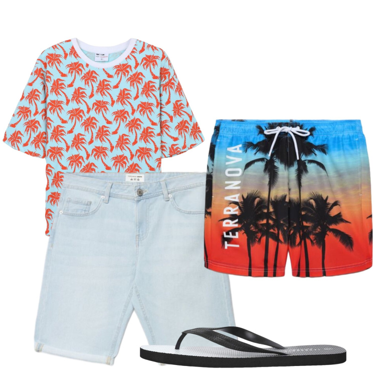 Outfit uomo - Palme. Stile Urban per Mare. Abbinamento con costumi, shorts, sandali, t-shirt.