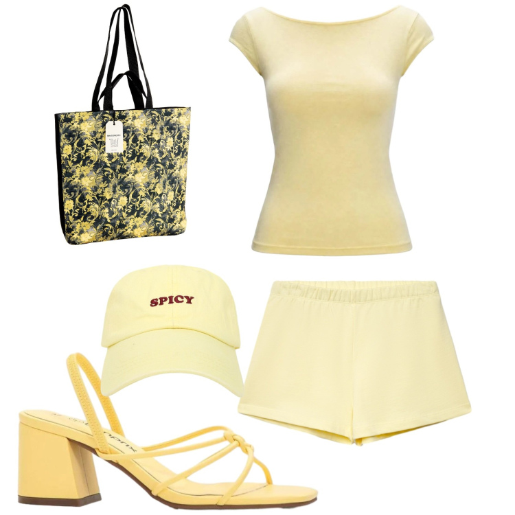 Outfit donna - Giallo burro. Stile Basic per Tutti i giorni. Abbinamento con sandali col tacco, top, cappelli con visiera, shorts, borse tote.