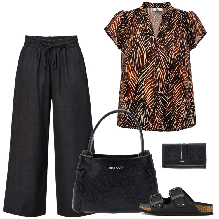 Outfit donna - Compere. Stile Casual per Tutti i giorni. Abbinamento con bluse, pantaloni, sandali, borse a tracolla, portafogli.