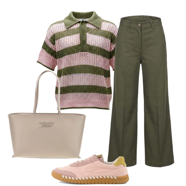 Outfit donna - In ufficio. Stile Casual chic per Ufficio. Abbinamento con pantaloni a palazzo, polo, sneakers, borse a spalla.