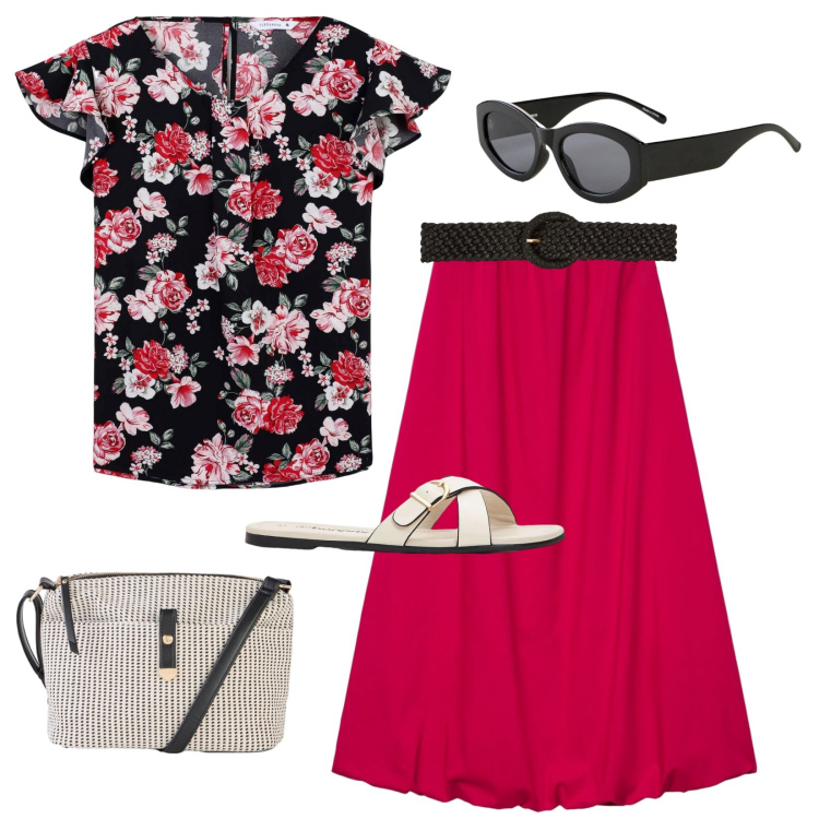 Outfit donna - Aperitivo in fiore. Stile Casual chic per Tutti i giorni. look ideale per Tall. Abbinamento con borse a tracolla, ciabatte, occhiali da sole, bluse, gonne lunghe, cinture.