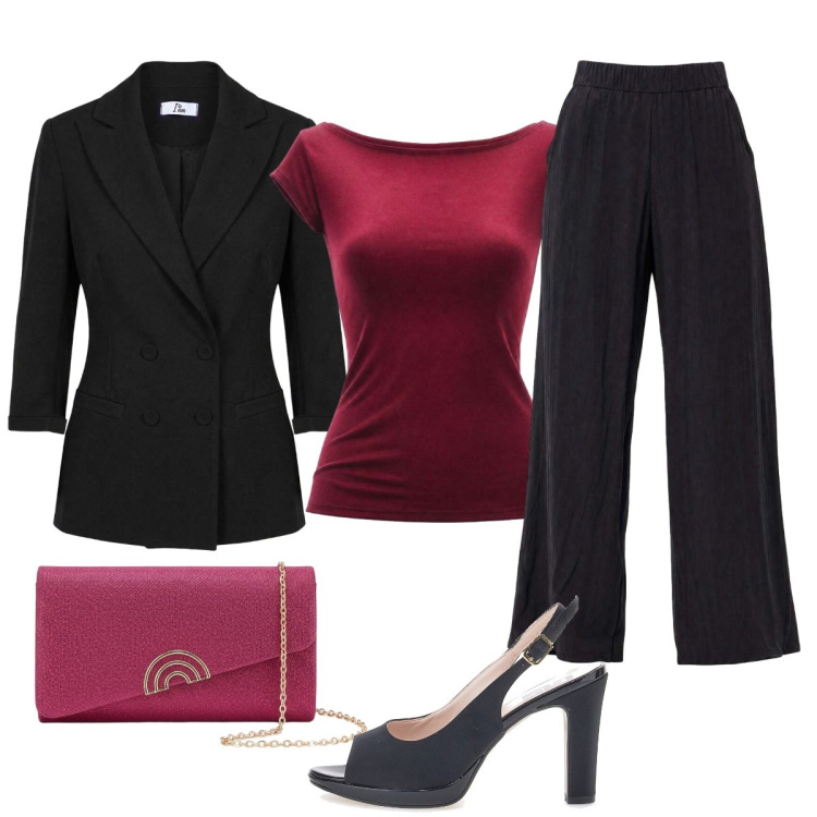 Outfit donna - Serata glamour. Stile Glamour per Serata fuori. Abbinamento con pantaloni a palazzo, top, blazer, pochette, décolleté.