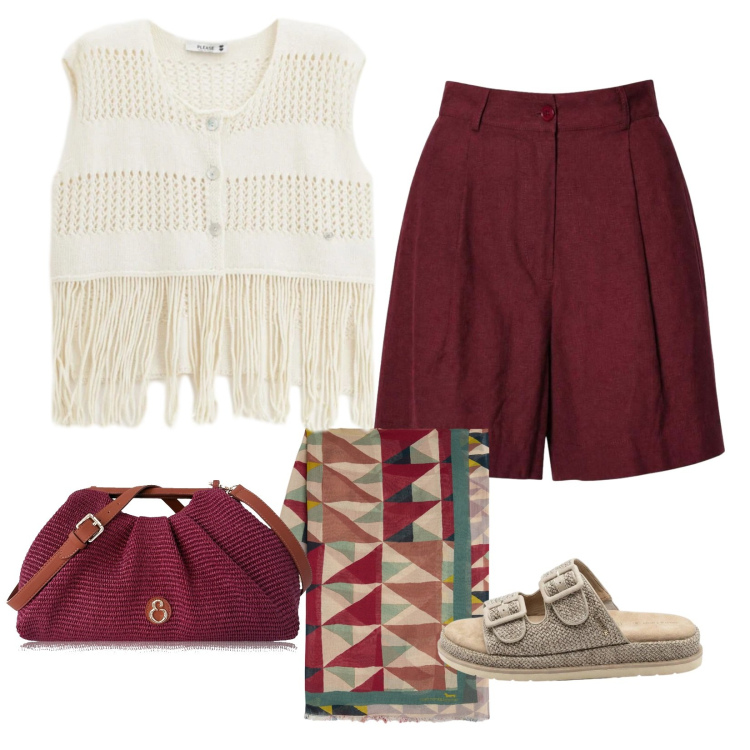 Outfit donna - Frange al tramonto. Stile Boho per Tutti i giorni. look ideale per Tall. Abbinamento con ciabatte, shorts, sciarpe, clutch, top.