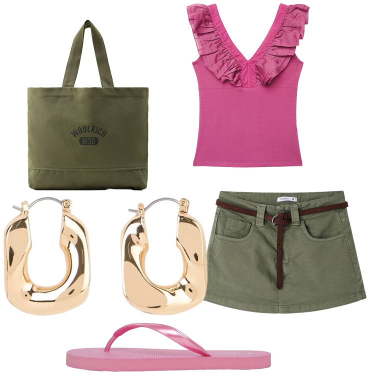 Outfit donna - Rosa e verde militare. Stile Preppy per Tutti i giorni. Abbinamento con orecchini, infradito, top, minigonne, borse tote.