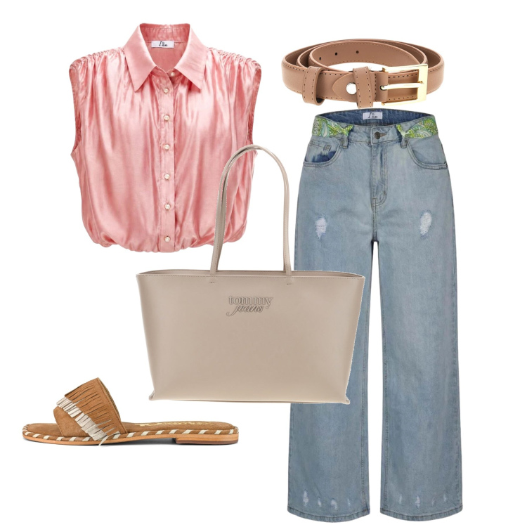 Outfit donna - Luglio. Stile Casual per Tutti i giorni. Abbinamento con jeans strappati, top, borse a spalla, cinture, ciabatte.