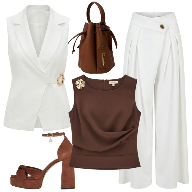 Outfit donna - Bianco e cioccolato. Stile Chic per Serata fuori. look ideale per Tall. Abbinamento con sandali in pelle, borse a secchiello, gilet, pantaloni a palazzo, top.