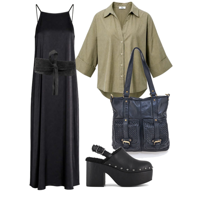 Outfit donna - Luglio. Stile Trendy per Tutti i giorni. Abbinamento con vestiti lunghi, camicie a manica corta, cinture, sabot, borse a spalla.