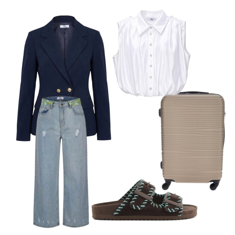 Outfit donna - Parto con I Am. Stile Preppy per Tutti i giorni. Abbinamento con jeans strappati, blazer, top, sandali in pelle, valigie.