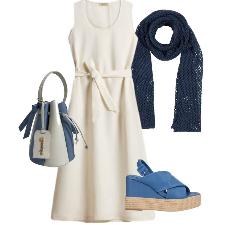 Outfit donna - Mood mediterraneo. Stile Casual chic per Serata fuori. look ideale per Tall. Abbinamento con sciarpe, espadrillas, borse a secchiello, vestiti midi/longuette.