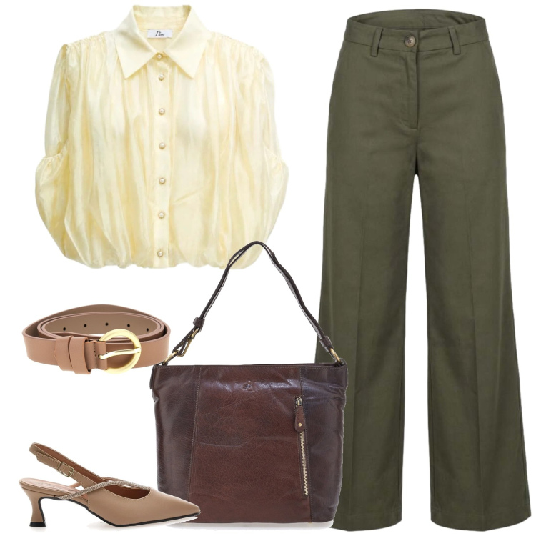 Outfit donna - In ufficio. Stile Casual chic per Ufficio. Abbinamento con pantaloni a palazzo, top, décolleté, borse a spalla, cinture.