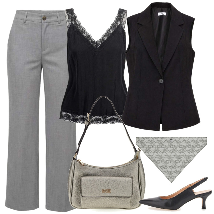 Outfit donna - Grigio e nero. Stile Mannish per Ufficio. Abbinamento con canottiere, pantaloni, gilet, foulard, décolleté, borse a spalla.