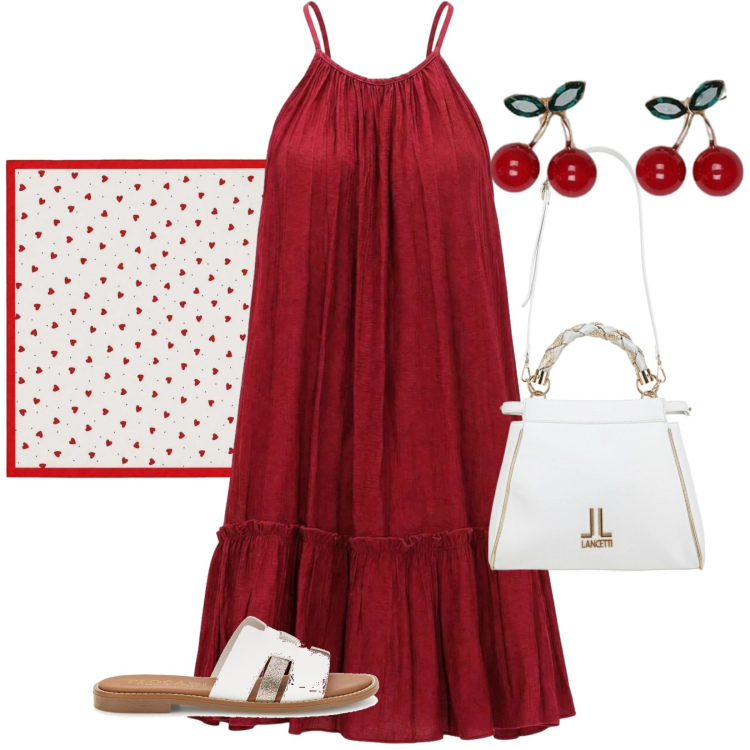 Outfit donna - Rosso ciliegie. Stile Casual per Tutti i giorni. Abbinamento con vestiti corti, blazer, foulard, ciabatte, borse a tracolla.
