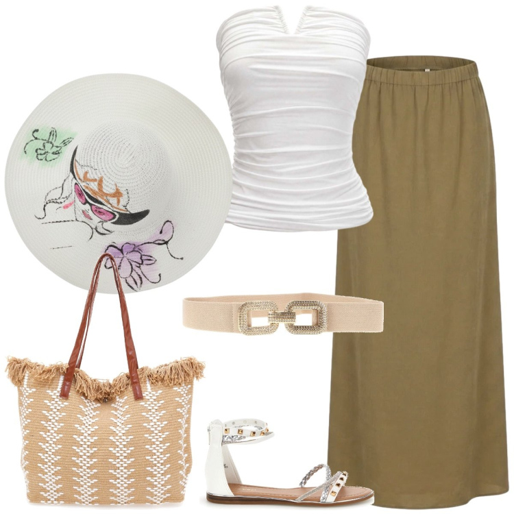 Outfit donna - Total look #2438008. Stile Casual per Tutti i giorni. Abbinamento con gonne lunghe, top, sandali, cinture, borse a mano, cappelli.