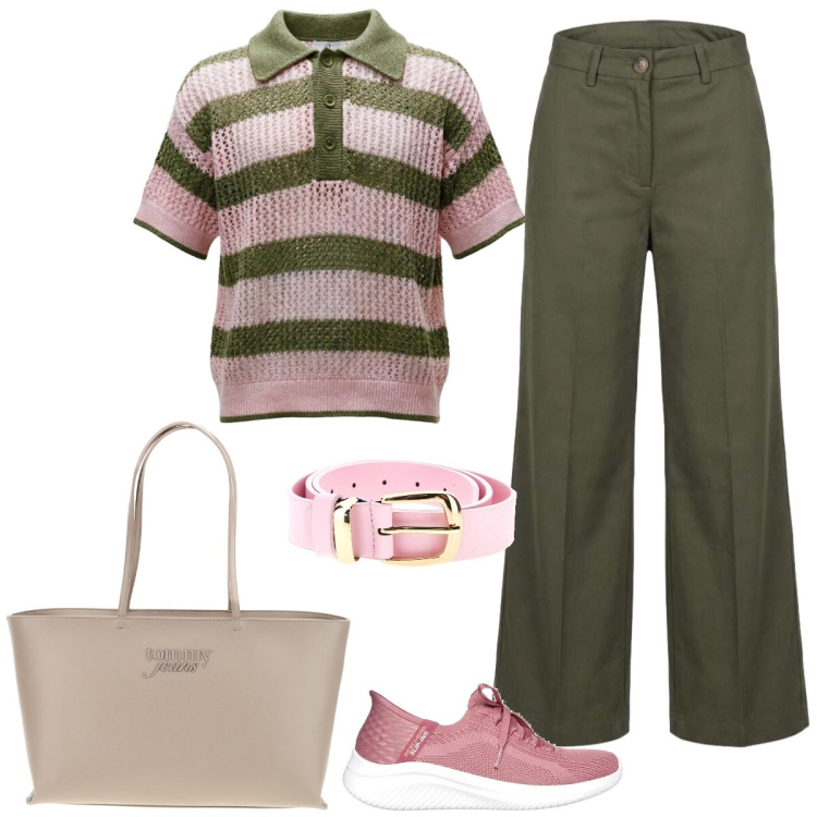 Outfit donna - Total look #2438010. Stile Casual per Tutti i giorni. Abbinamento con pantaloni a palazzo, polo, sneakers, borse a spalla, cinture.