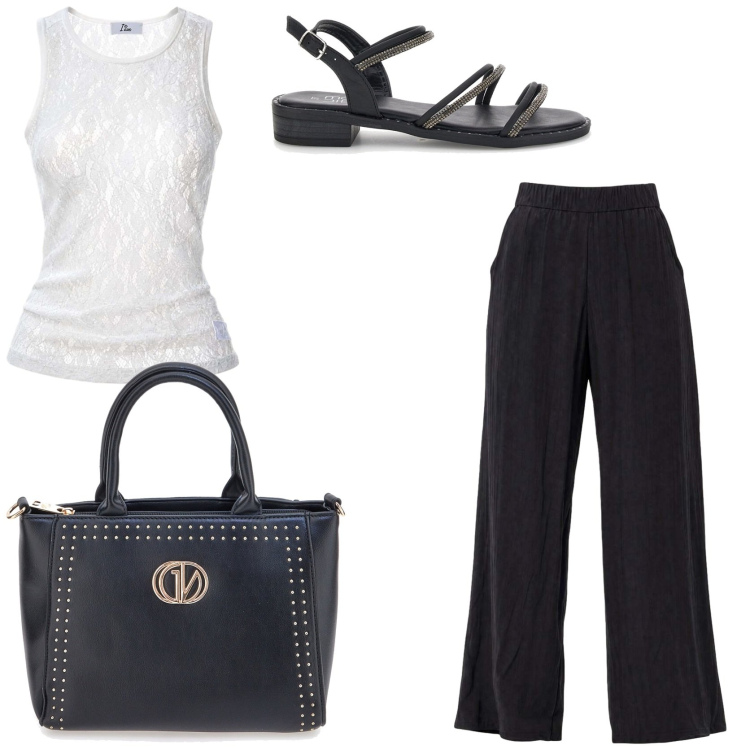 Outfit donna - Workwear. Stile Casual chic per Ufficio. Abbinamento con pantaloni a palazzo, top, borse a mano, sandali.