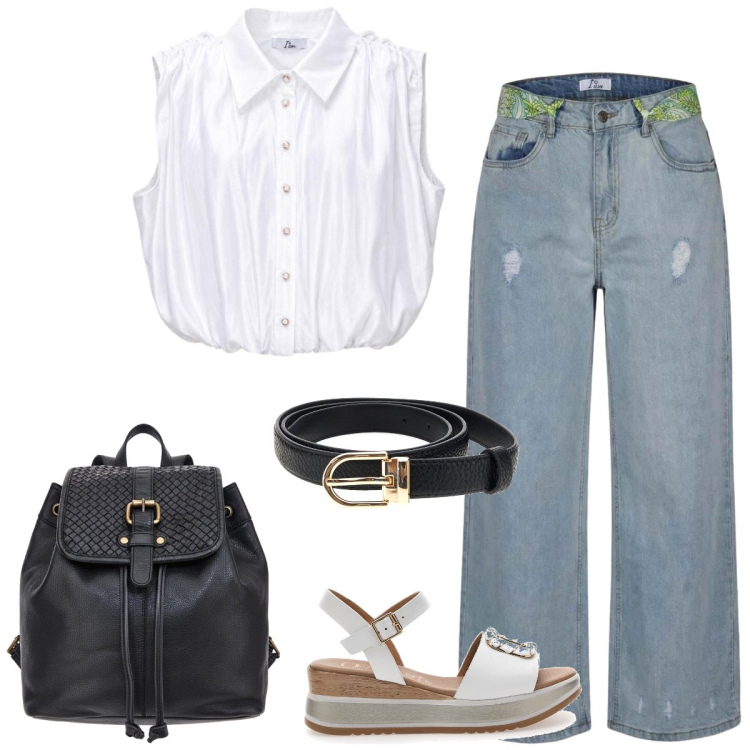 Outfit donna - Total look #2438012. Stile Casual per Tutti i giorni. Abbinamento con jeans strappati, top, sandali, cinture, zaini.