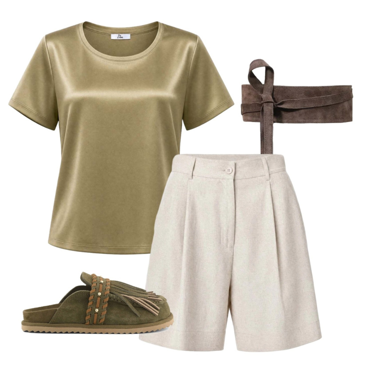 Outfit donna - Satin e lino. Stile Boho per Serata fuori. Abbinamento con shorts, cinture, t-shirt, sabot.