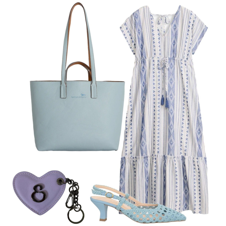 Outfit donna - Abito chiaro al mare. Stile Basic per Tutti i giorni. Abbinamento con décolleté, vestiti midi/longuette, shopping bag, portachiavi.