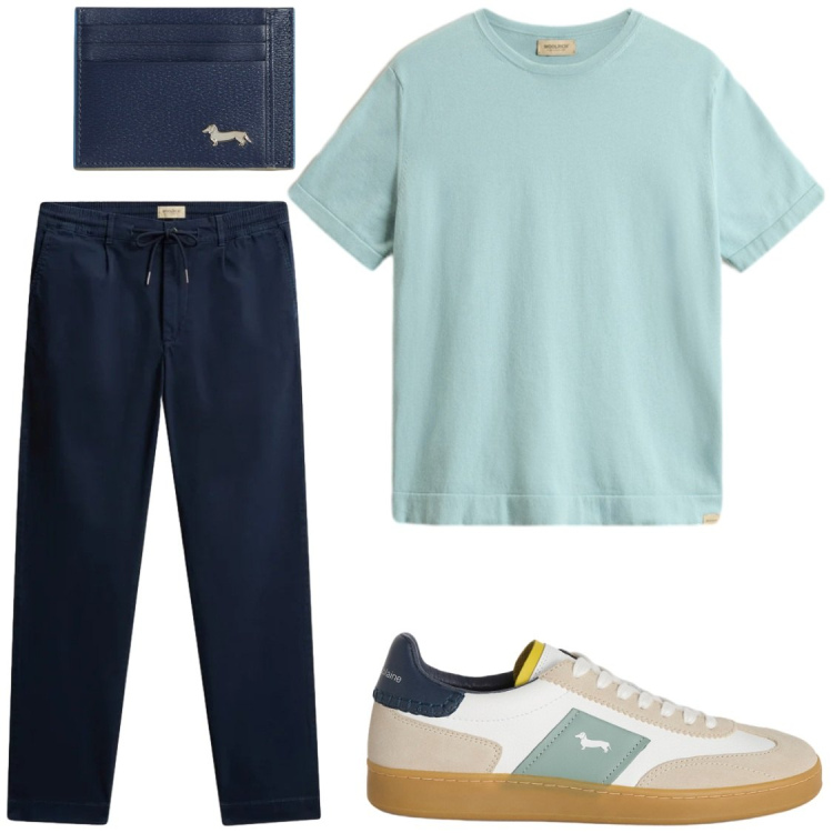 Outfit uomo - A lavoro in comfort. Stile Trendy per Ufficio. Abbinamento con portafogli, sneakers, pantaloni, t-shirt.