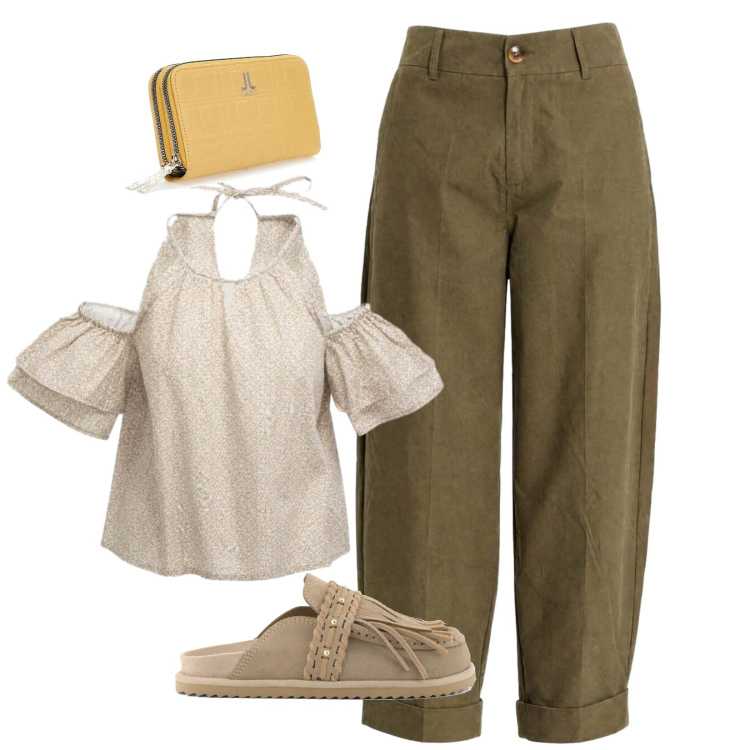 Outfit donna - Sabbia e oliva. Stile Boho per Tutti i giorni. Abbinamento con top, pantaloni, sabot, portafogli.