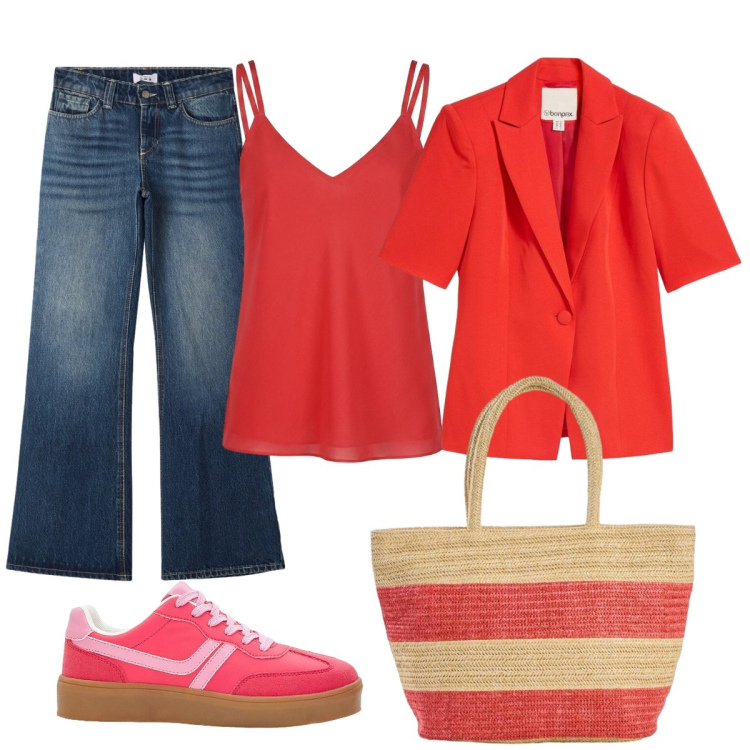 Outfit donna - Energia rossa e freschezza jeans. Stile Glamour per Tutti i giorni. Abbinamento con shopping bag, blazer, sneakers, jeans, canottiere.