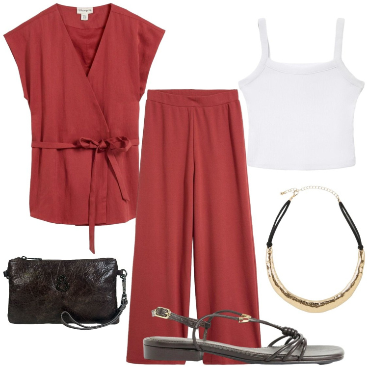 Outfit donna - Ufficio o serata?. Stile Chic per Serata fuori. Abbinamento con gilet, sandali, collane, pantaloni, pochette, canottiere.