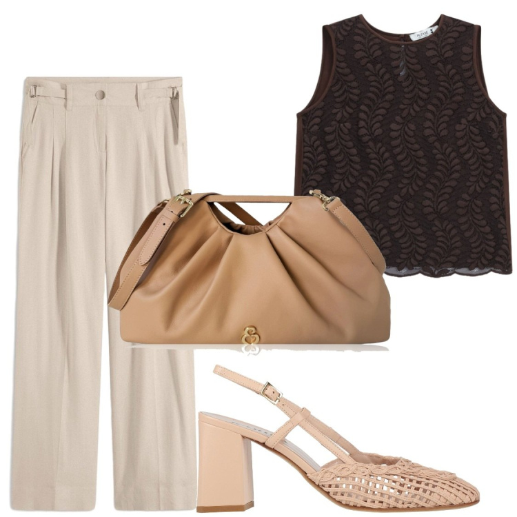 Outfit donna - Top in pizzo. Stile Chic per Ufficio. Abbinamento con décolleté, pantaloni a palazzo, clutch, top.