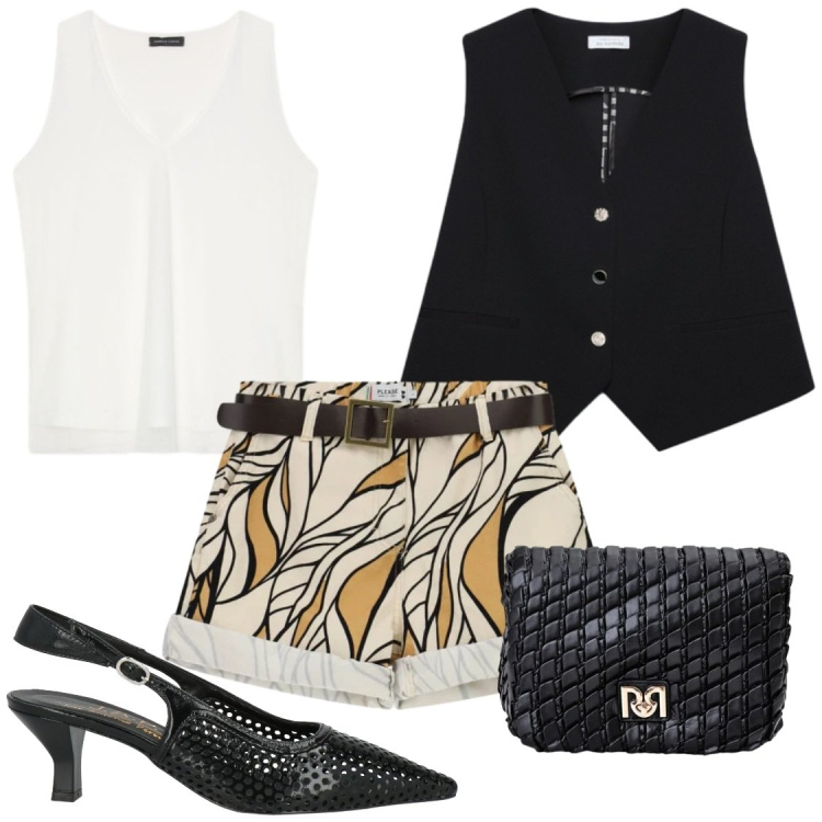 Outfit donna - Glamour in pantaloncino. Stile Chic per Serata fuori. Abbinamento con décolleté, gilet, top, shorts, borse a tracolla.
