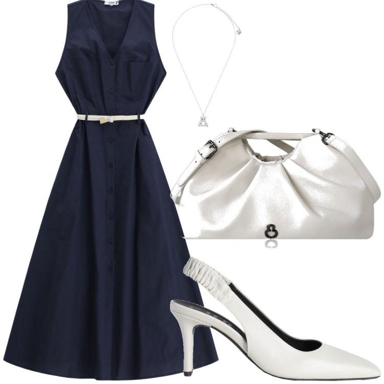 Outfit donna - Bianco e blu eleganza retro\'. Stile Chic per Serata fuori. Abbinamento con décolleté, clutch, ciondoli, vestiti lunghi.