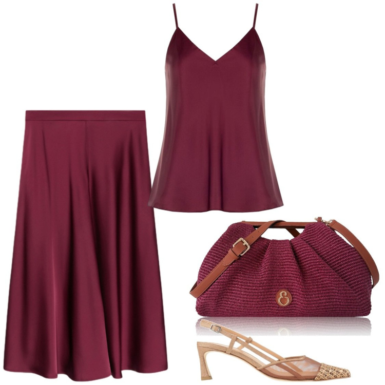 Outfit donna - Amaranto e cuoio. Stile Chic per Serata fuori. Abbinamento con décolleté, clutch, gonne, top.