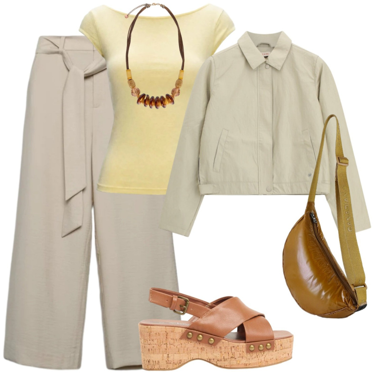 Outfit donna - Serata fresca. Stile Casual per Tutti i giorni. Abbinamento con zeppe, top, pantaloni a palazzo, collane, borse a tracolla, blazer.